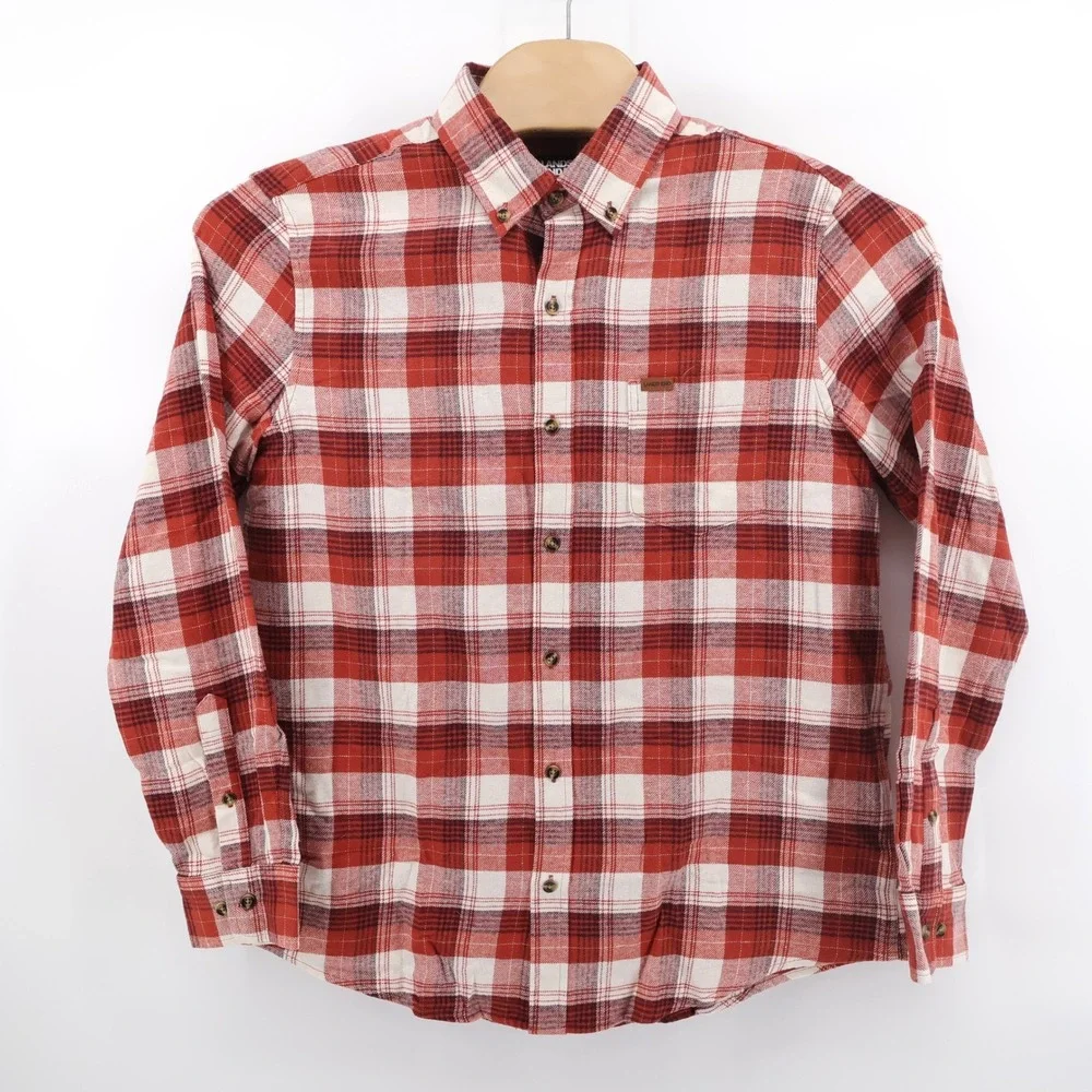 NEW Lands' End Plaid Flannel Button Down Shirt Orange Long Sleeve Mens Large